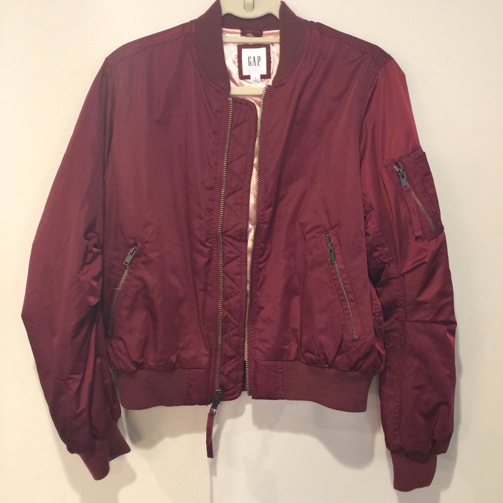 NWT Gap Burgundy Satin Bomber Jacket (Size S)